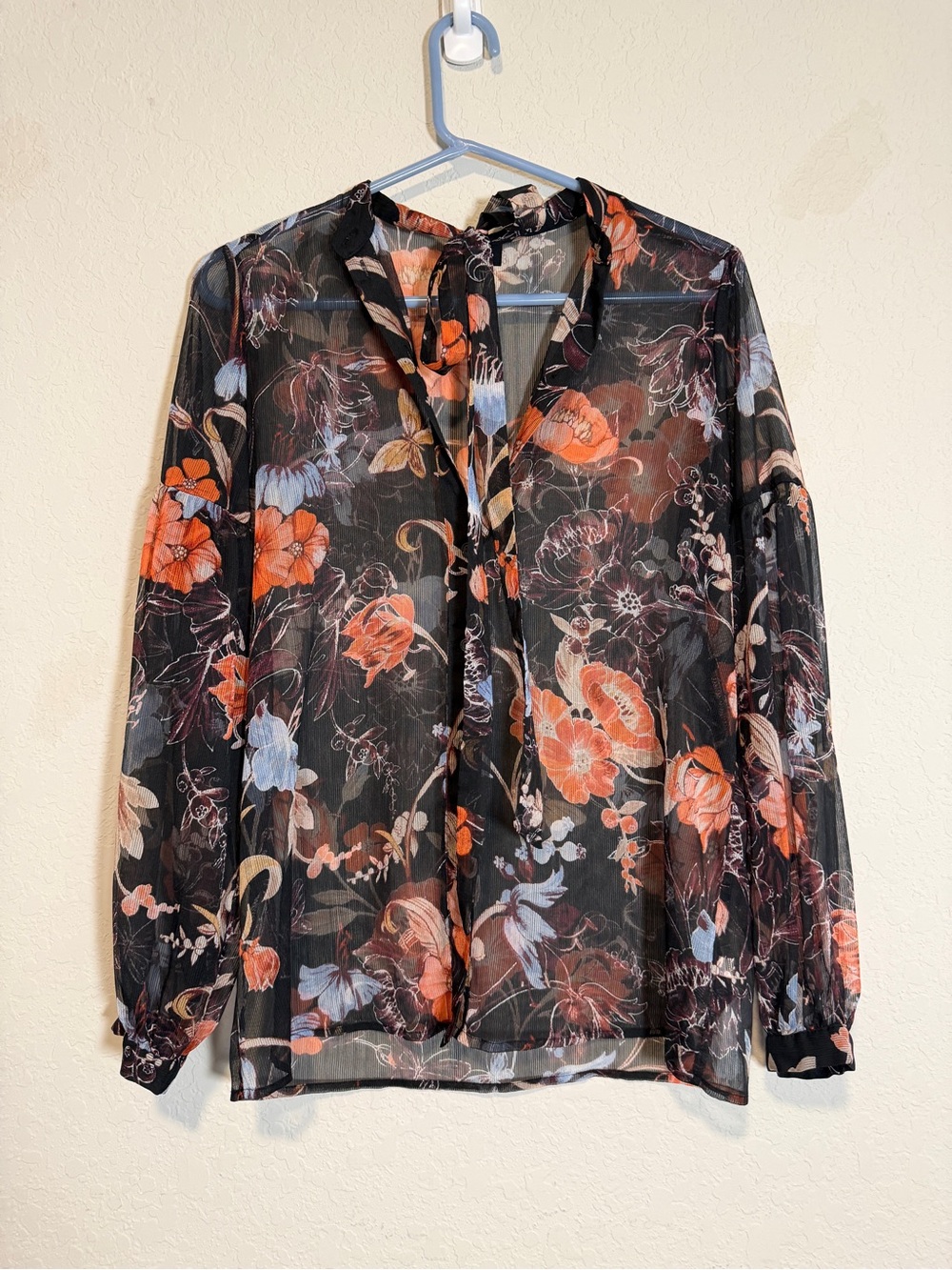 Who What Wear XS Sheer Floral Tie Neck Blouse Black Orange Long Sleeve